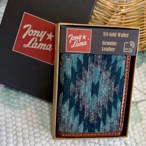 New Tony Lama Tri-Fold Wallet RFID Blue Aztec Canvas Leather Cowboy Western